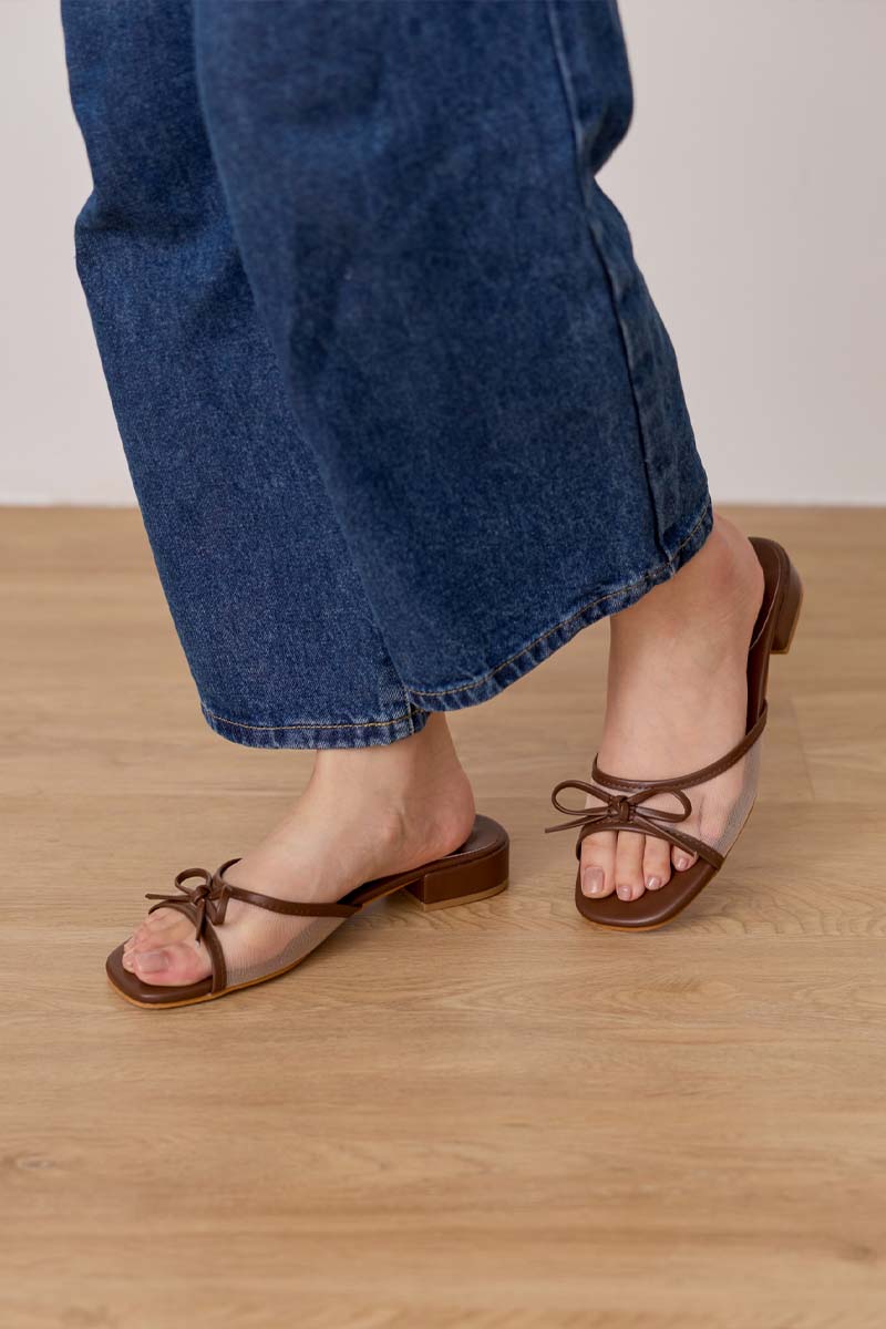 Averly Mesh Low Block Heels in Espresso Brown