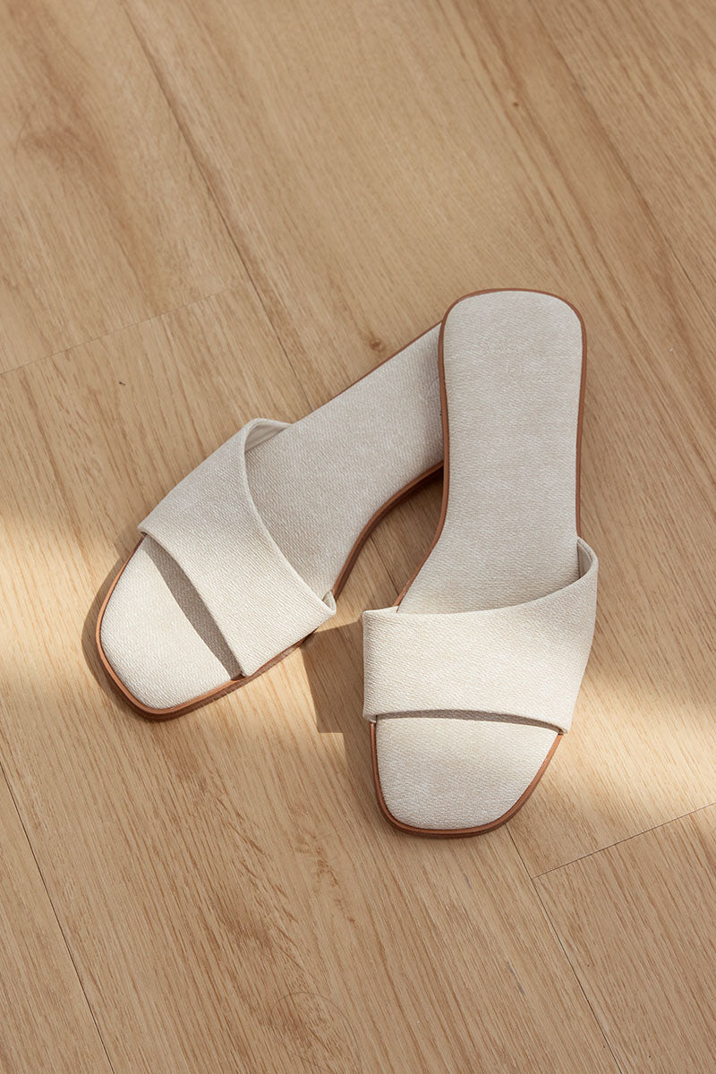 Chantal Irregular Strap Cloud Sliders in Waterproof Linen