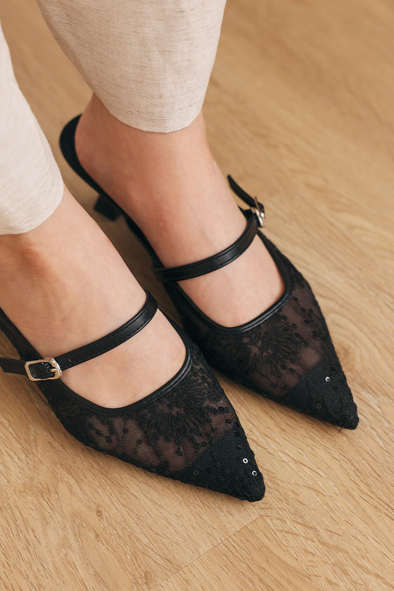 Eve Embroidered Kitten Heels in Black