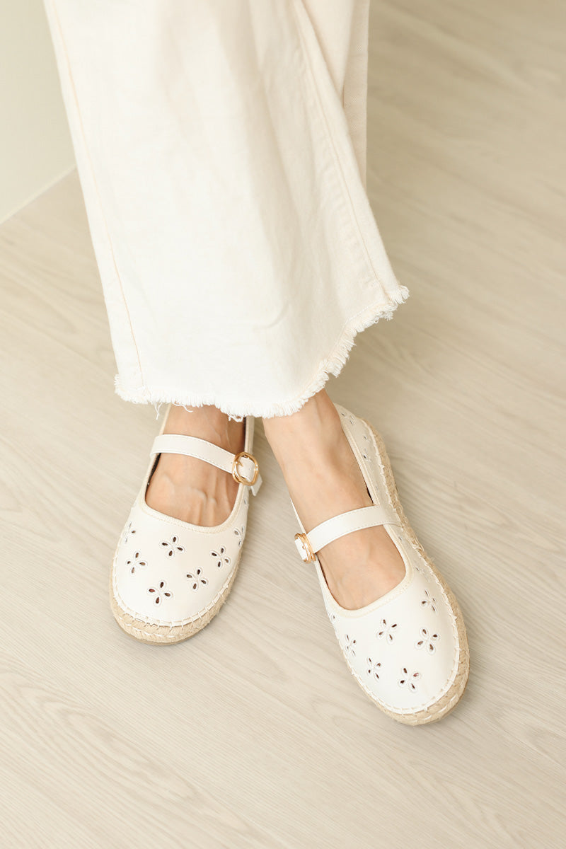 Loretta Maryjane Espadrille Flats in Cream Embroidery
