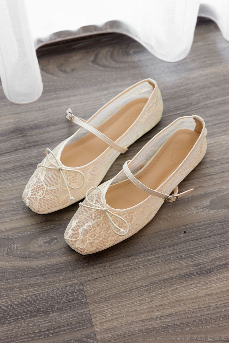 Lunaire Lace Mesh Maryjane Flats in Cream