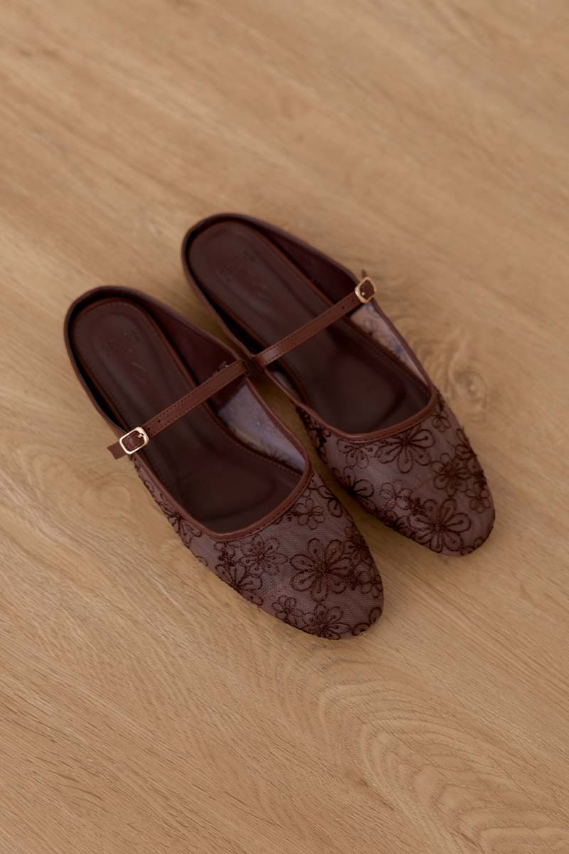Lydia Floral Mesh Flat Mules in Dark Chocolate