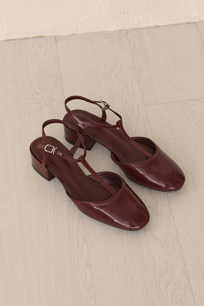 Malorie Tbar Heels in Red Wine Patent
