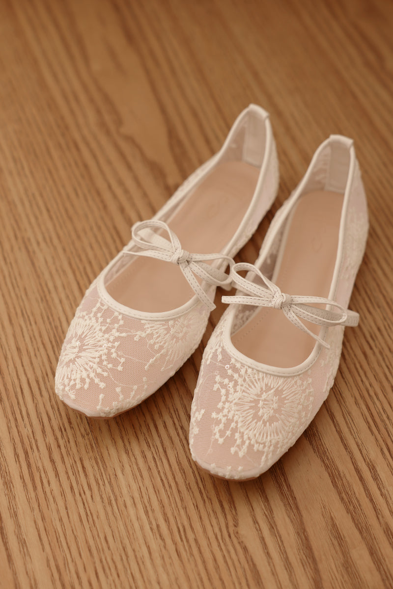 Mirielle Embroided Ribbon Flats in Cream
