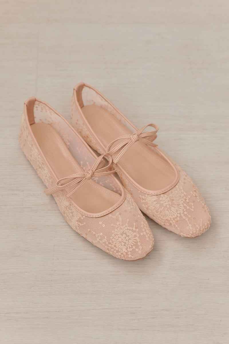 Mirielle Embroided Ribbon Flats in Nude