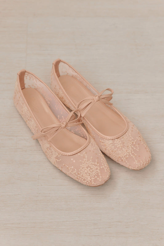 Mirielle Embroided Ribbon Flats in Nude