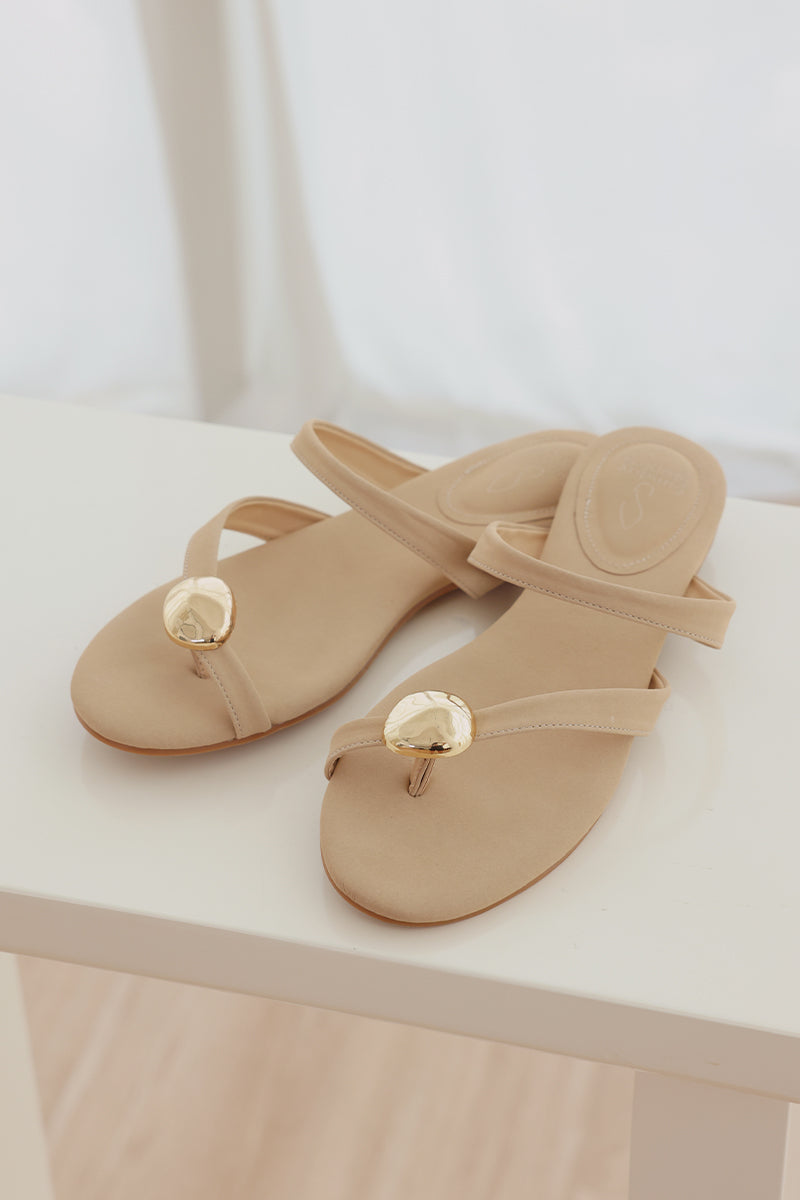 Selin Asymmetrical Sliders in Nude Suede