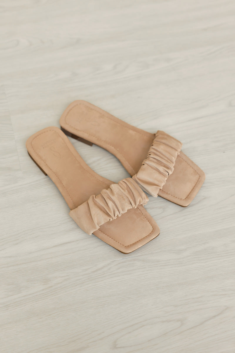 Winslet Ruching Sliders in Nude Waterproof Satin