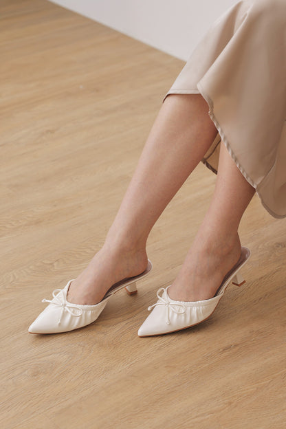 Aisha Ruched Slip-On Mules in Cream