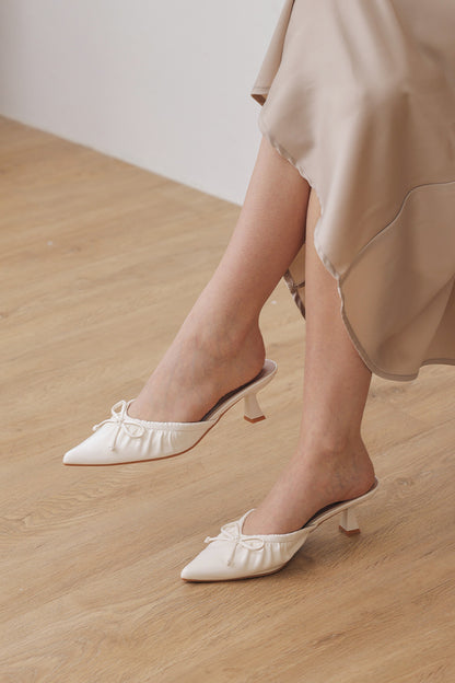 Aisha Ruched Slip-On Mules in Cream
