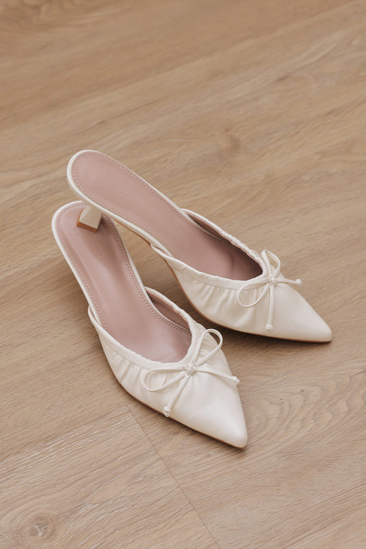 Aisha Ruched Slip-On Mules in Cream