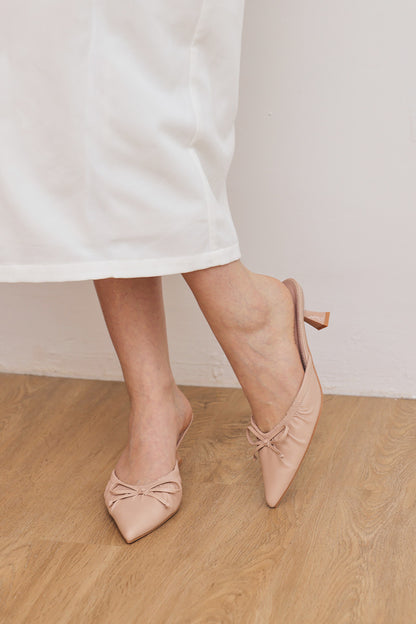 Aisha Ruched Slip-On Mules in Nude