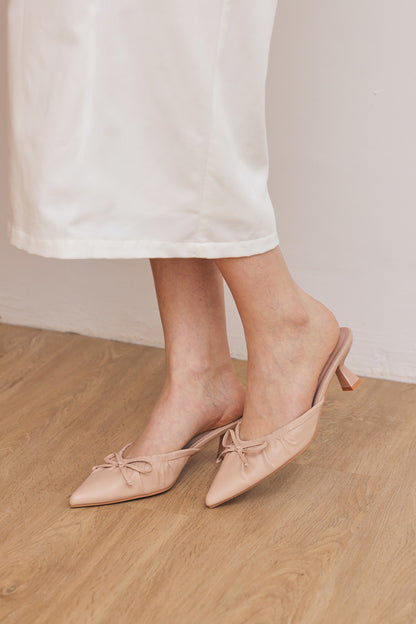Aisha Ruched Slip-On Mules in Nude