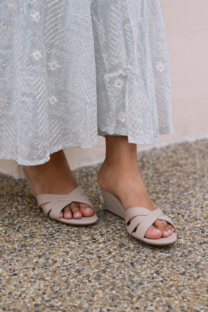 Amaris Cross Strap Wedges in Taupe