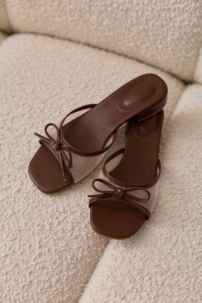Averly Mesh Low Block Heels in Espresso Brown