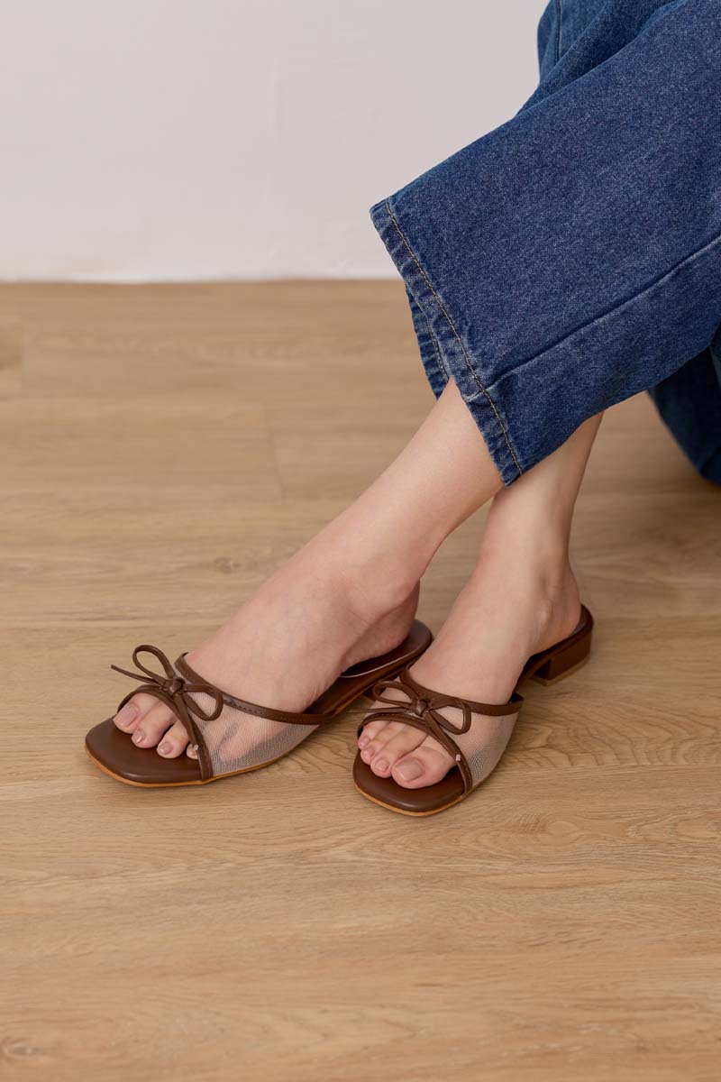 Averly Mesh Low Block Heels in Espresso Brown
