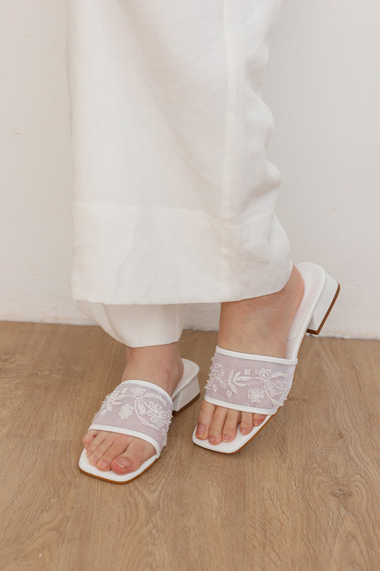 Azure Embroidered Mesh Sliders in Cream