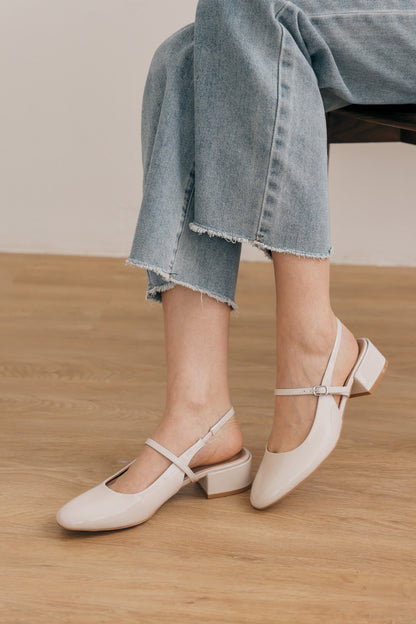 Caliora Maryjane Slingback Heels in Cream Patent