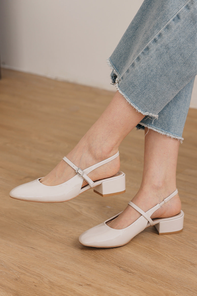 Caliora Maryjane Slingback Heels in Cream Patent