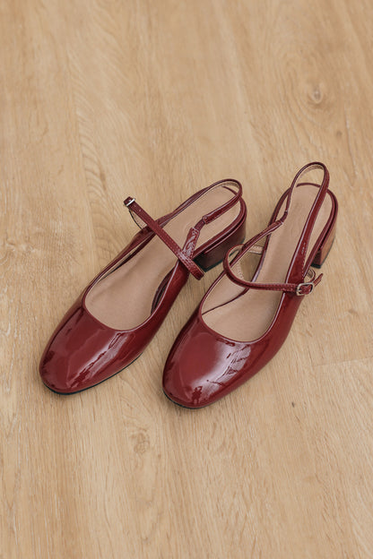 Caliora Maryjane Slingback Heels in Red Wine Patent