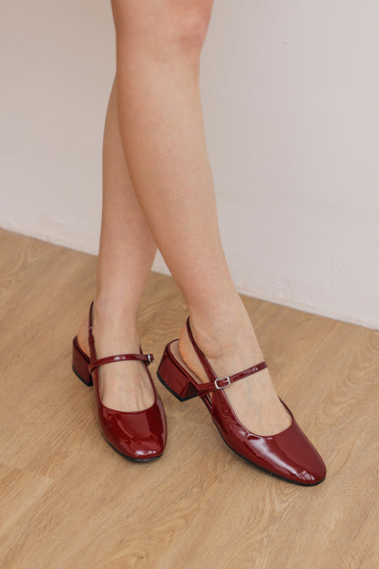 Caliora Maryjane Slingback Heels in Red Wine Patent