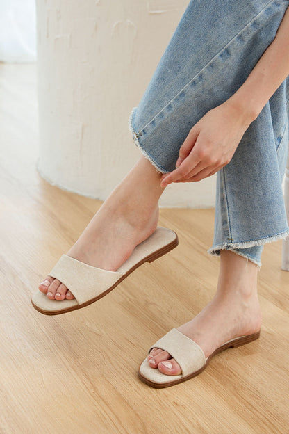 Chantal Irregular Strap Cloud Sliders in Waterproof Linen