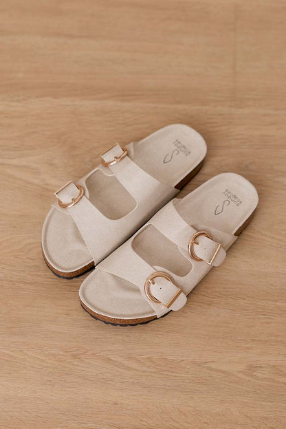 Elvira Buckle Chunky Sliders in Waterproof Linen