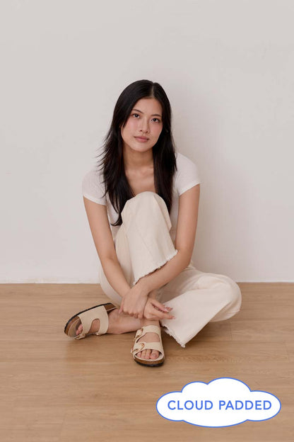 Elvira Buckle Chunky Sliders in Cream Waterproof Suede