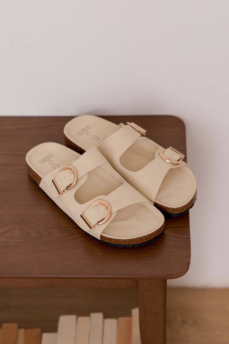 Elvira Buckle Chunky Sliders in Cream Waterproof Suede