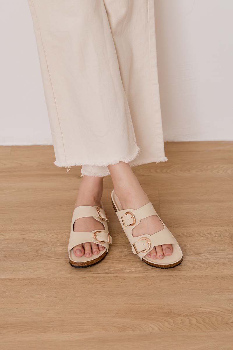 Elvira Buckle Chunky Sliders in Cream Waterproof Suede