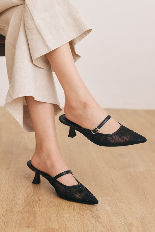Eve Embroidered Kitten Heels in Black