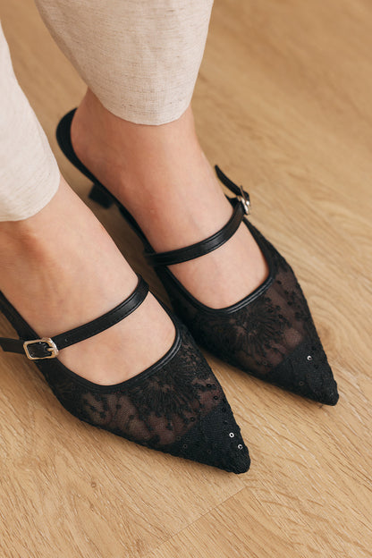 Eve Embroidered Kitten Heels in Black
