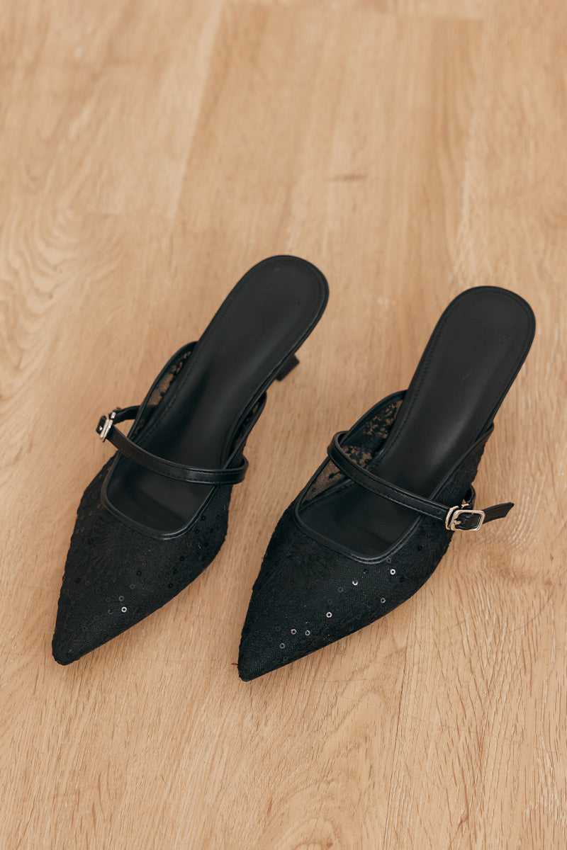 Eve Embroidered Kitten Heels in Black