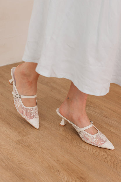 Eve Embroidered Kitten Heels in Cream