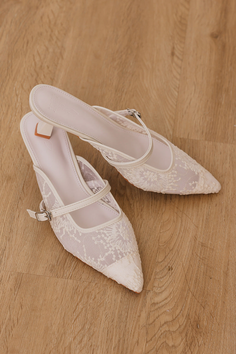 Eve Embroidered Kitten Heels in Cream