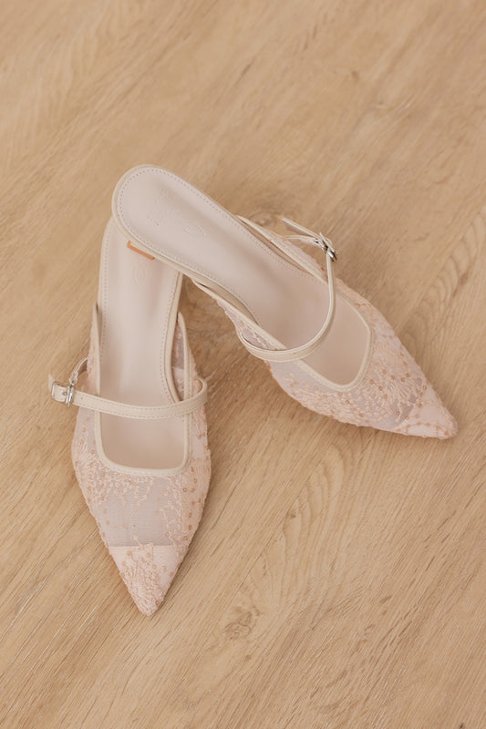 Eve Embroidered Kitten Heels in Nude