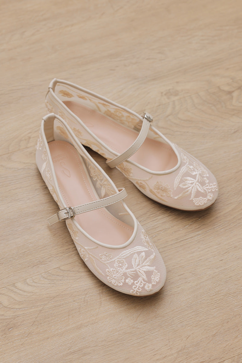Haisley Floral Mesh Maryjane Flats in Cream