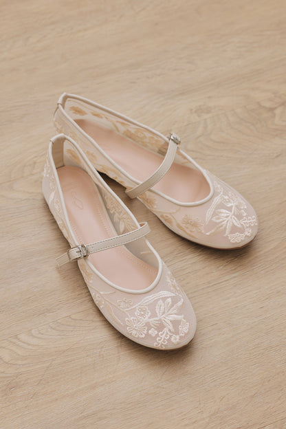 Haisley Floral Mesh Maryjane Flats in Cream