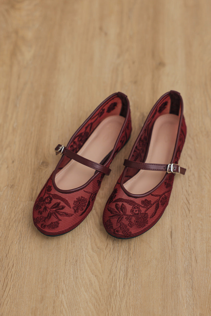 Haisley Floral Mesh Maryjane Flats in Wine