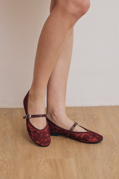 Haisley Floral Mesh Maryjane Flats in Wine
