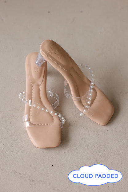 Irene Cloud Pearl Vinyl Strap Heels in Beige