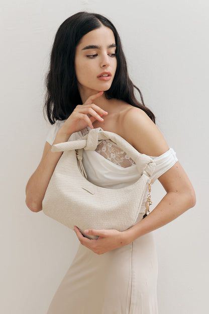 Kyoto Knotted Weaved Shoulder Bag in Cream