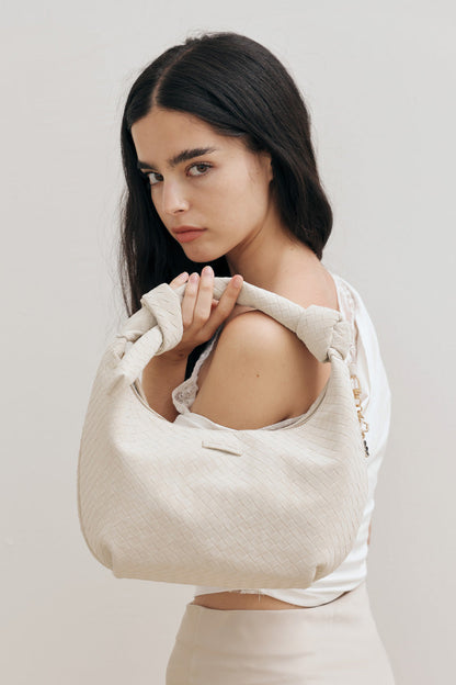 Kyoto Knotted Weaved Shoulder Bag in Cream
