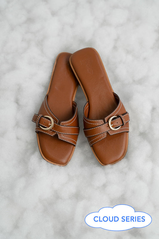 Liria Buckle Cloud Sliders in Caramel