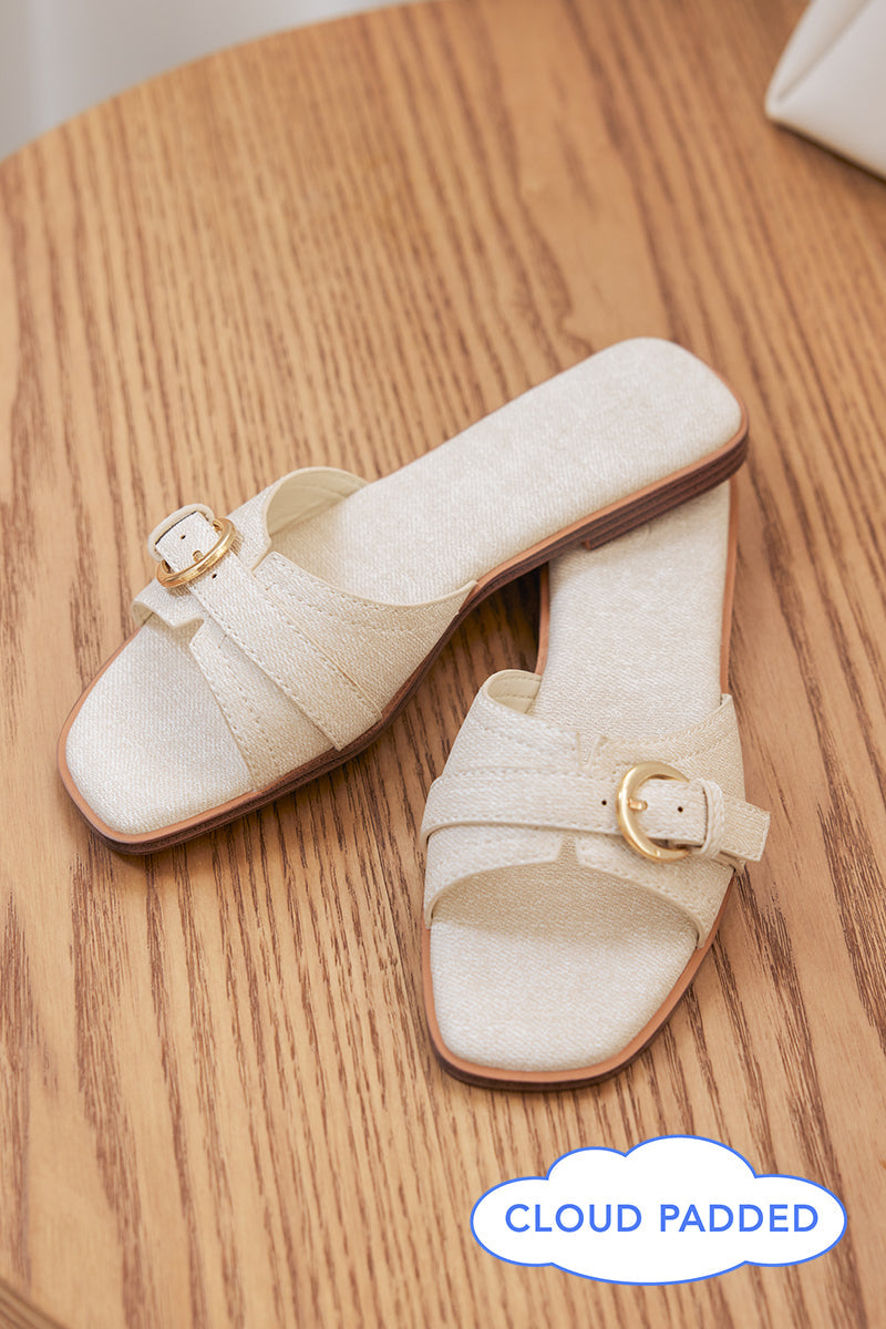 Liria Buckle Cloud Sliders in Waterproof Linen