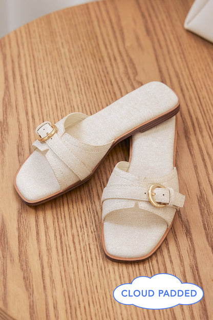 Liria Buckle Cloud Sliders in Waterproof Linen