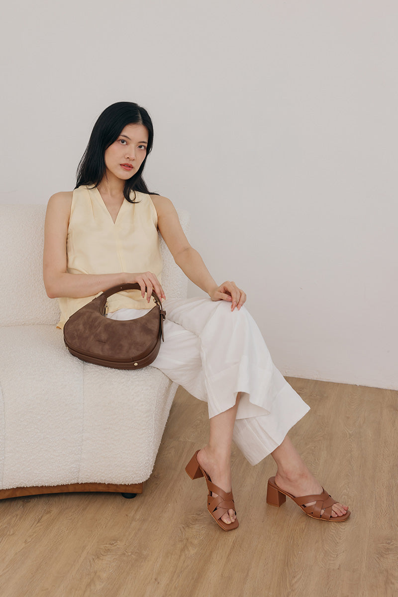 Luma Interlocking Block Heels in Tan Brown