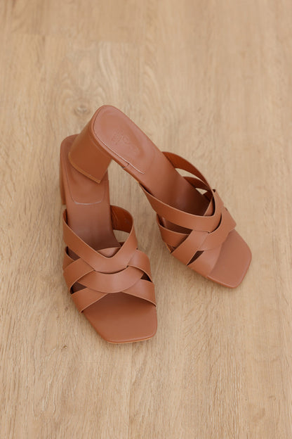 Luma Interlocking Block Heels in Tan Brown