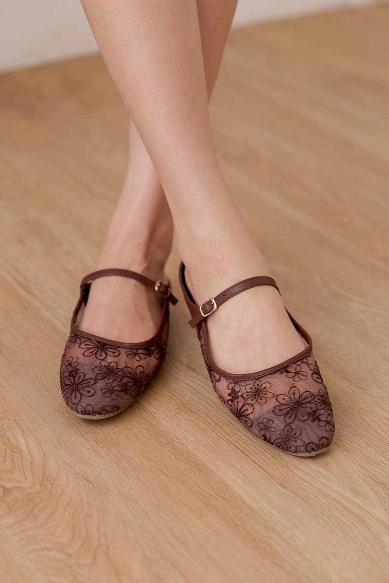 Lydia Floral Mesh Flat Mules in Dark Chocolate