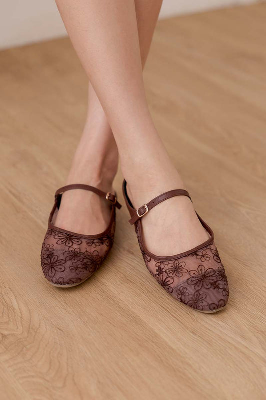 Lydia Floral Mesh Flat Mules in Dark Chocolate